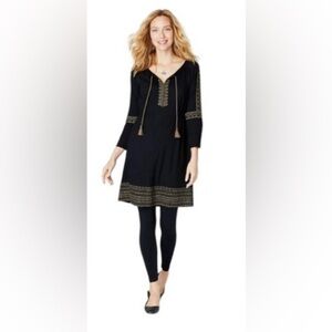 J Jill Embroidered‎ Dress Tunic Black Gold Accents Bohemian Style Size M
